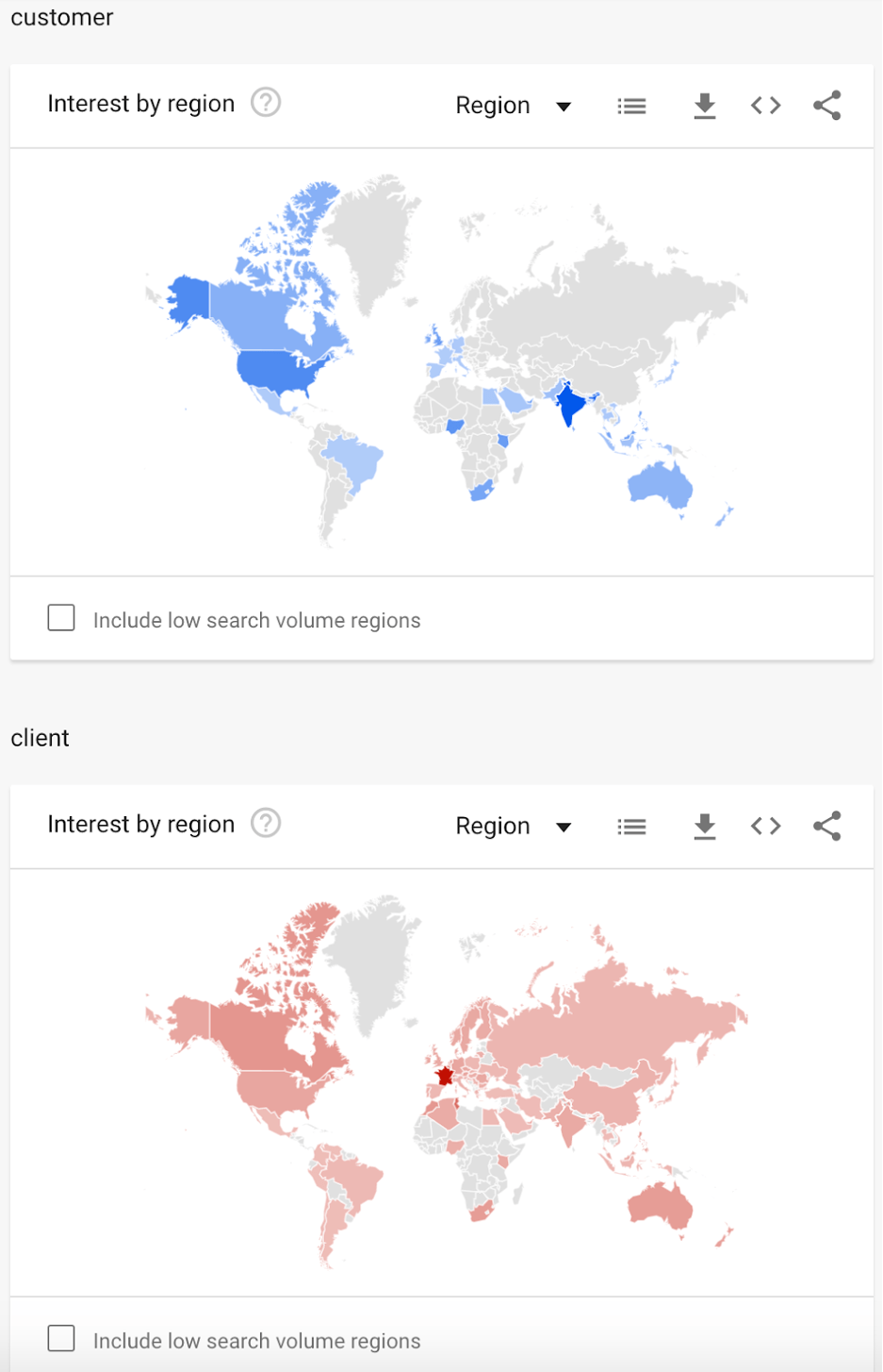 Google Trends-analyse van de zoekpopulariteit per regio.