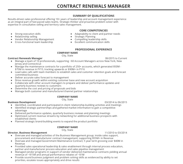 Renewal Manager Resume Example