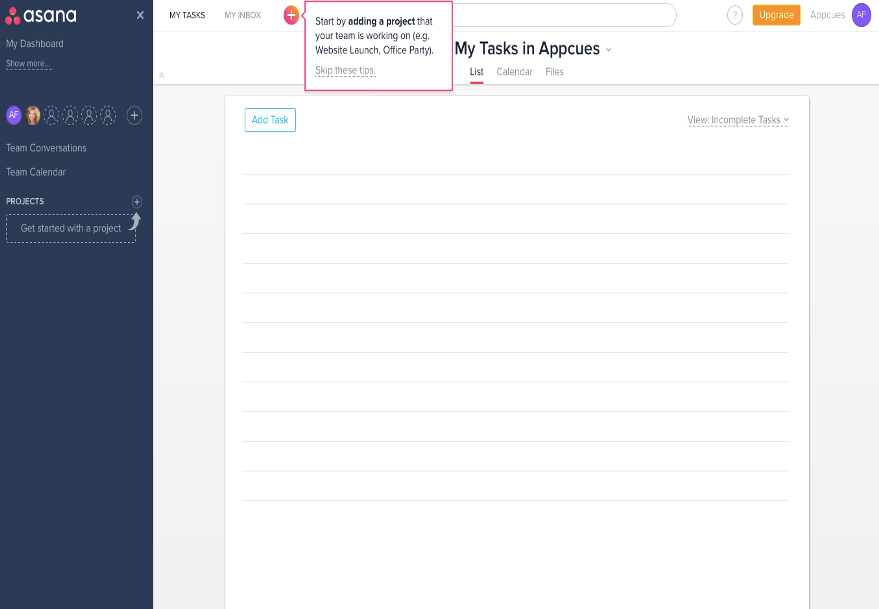 Asana - Example of Product Tour